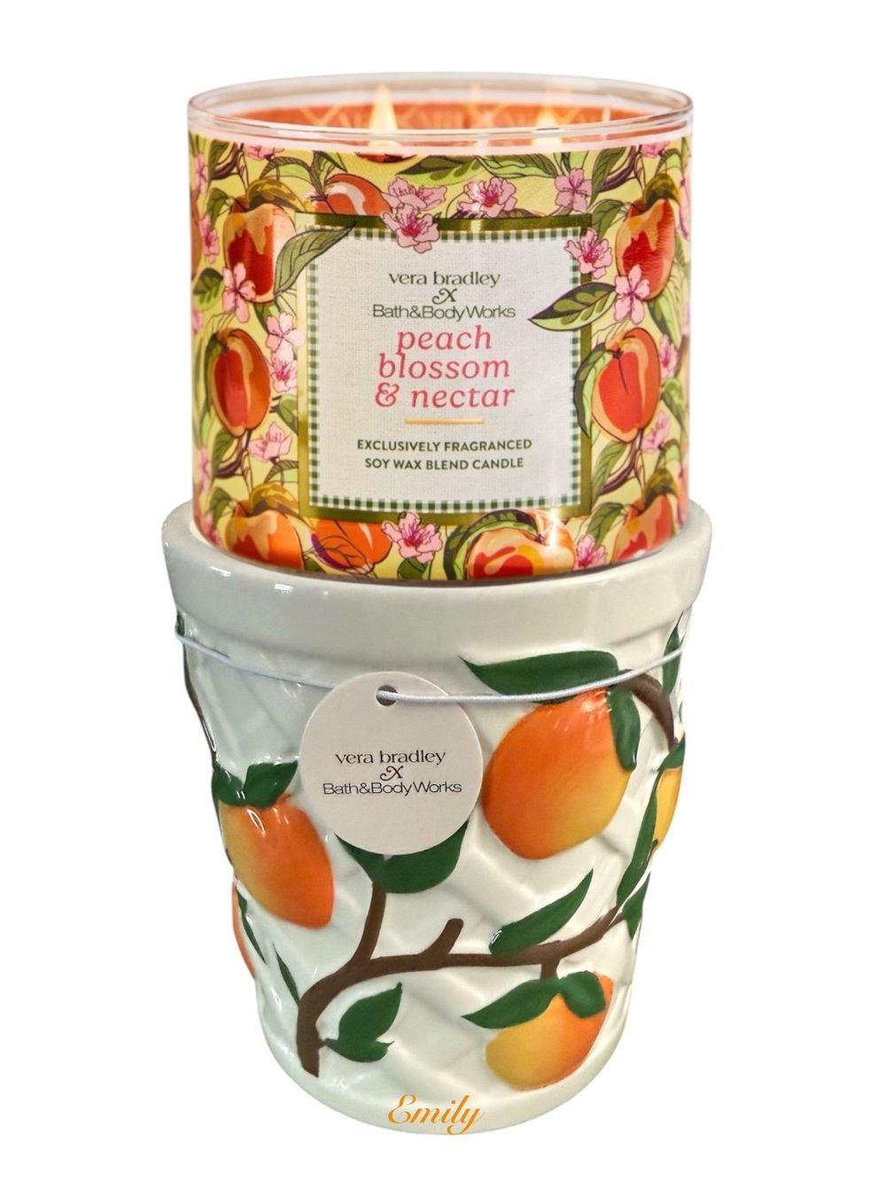 Vera Bradley Peach candle Pedestal & 3-Wick Candle Limited Edition Set